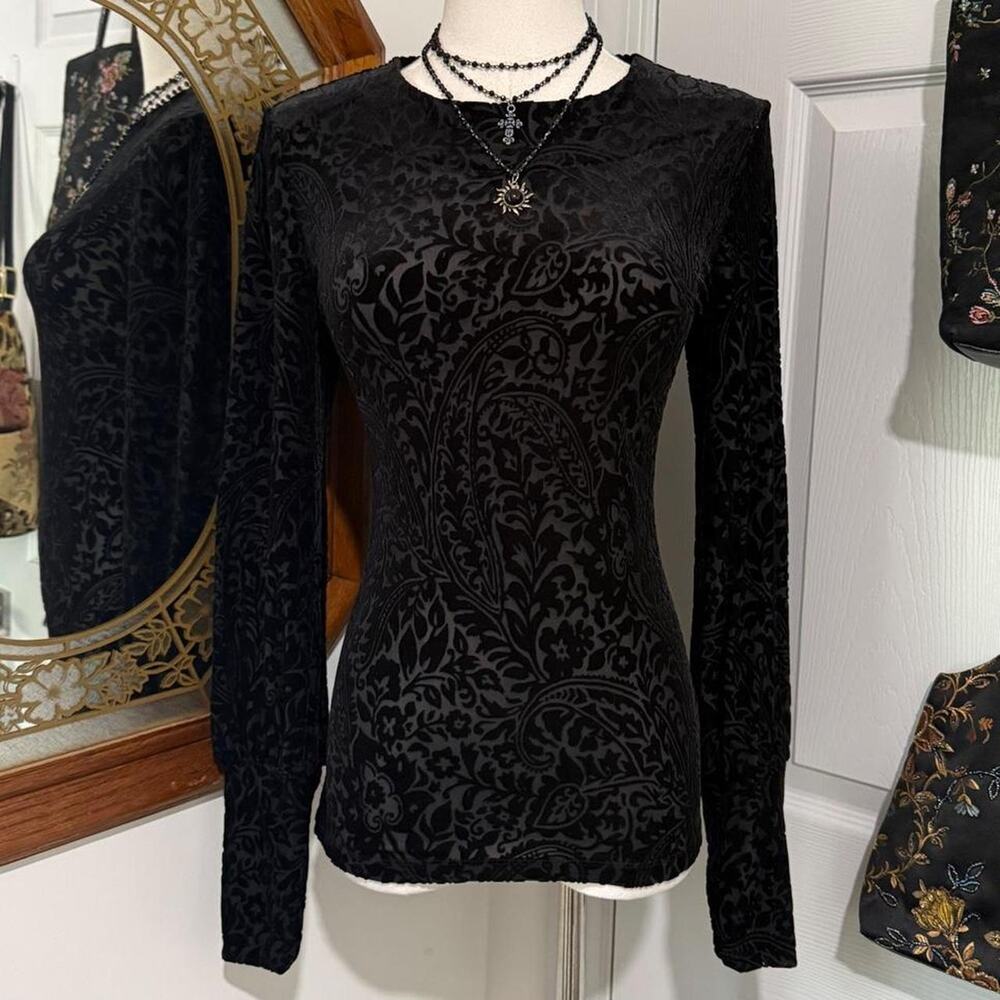 Lauren Ralph Lauren Black Velvet Burnout Paisley Long Sleeve High Neck Goth Top